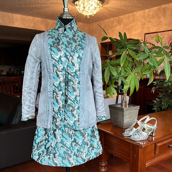 RARE Vintage 1960’s Mod Size 4 Dress & Jacket Silver Blue Lame Brocade - Picture 11 of 15
